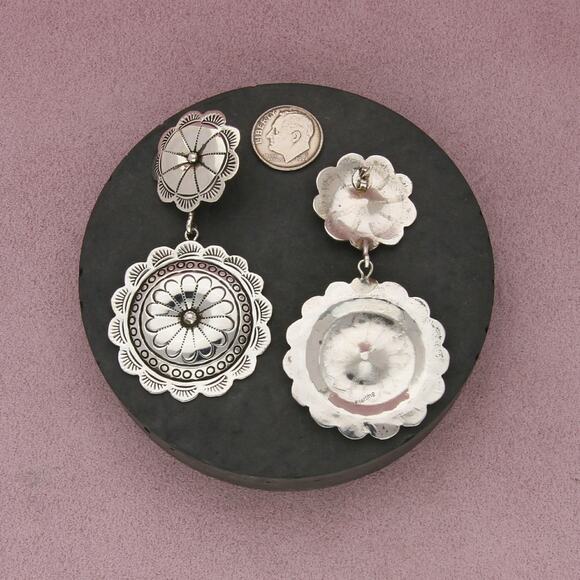 navajo sterling silver vintage stamped concho flower dangle post earrings - Picture 2 of 3